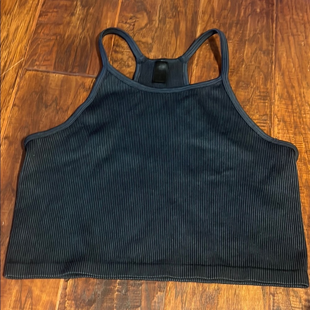 Revival Brushed Black Racer Back Ribbed Crop Tank Top. Size L.